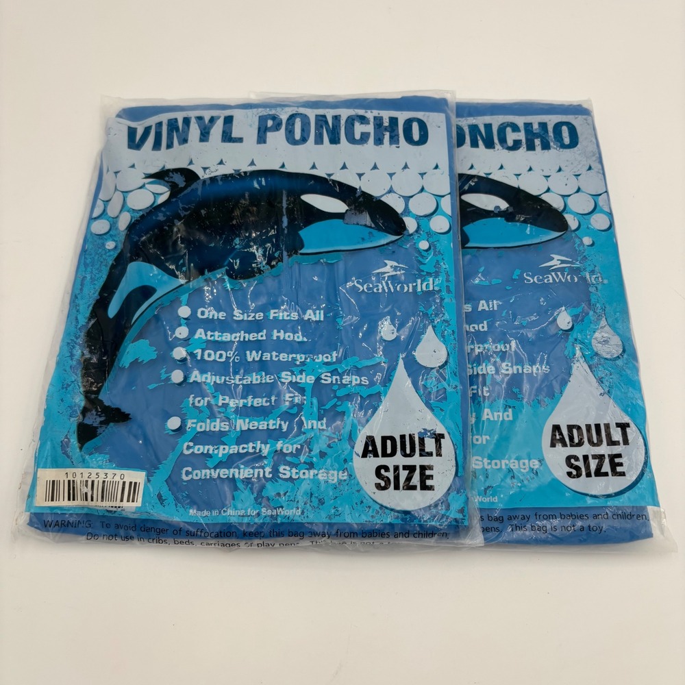 SeaWorld Vinyl Poncho Adult OS Blue New 2 Pack Shamu Orca Rain Gear Unopened